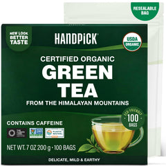 HANDPICK Organic Green Tea Bags in a resealable pack for lasting freshness.