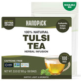 HANDPICK Original Tulsi Tea packaging showcases eco-friendly round bags for convenient brewing