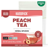 HANDPICK peach tea bags front packaging shows a refreshing, non-GMO blend.