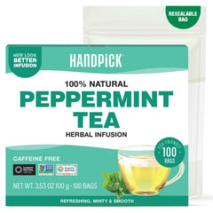 HANDPICK Peppermint Tea bags rounds show eco-friendly packaging and pure flavor for a refreshing break.