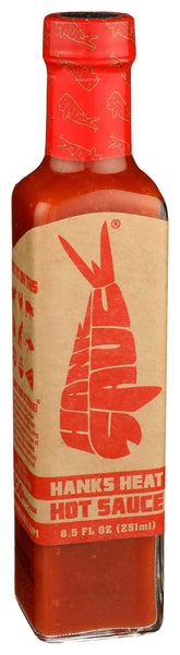 Hank's Heat hot sauce bottle side view highlighting bold, versatile flavor for meals.