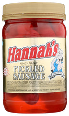 Hannah's Pickled Sausage 16oz jar for snacking and tangy flavor on charcuterie boards.