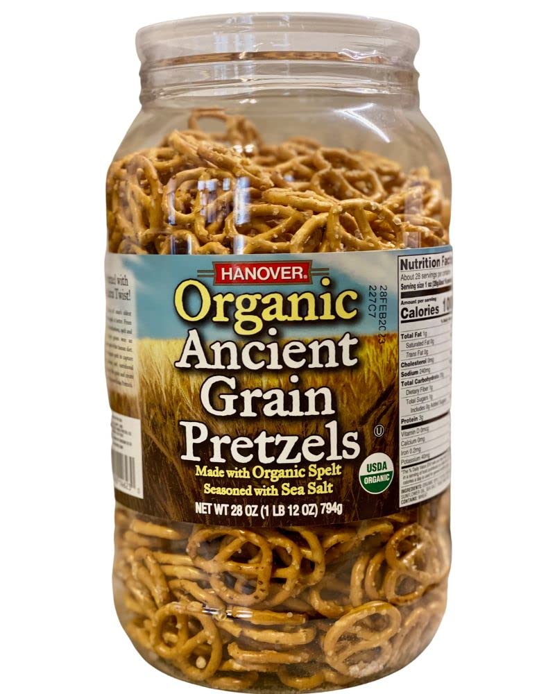 Hanover Organic ancient-grain spelt pretzels with sea salt, ideal for sharing.