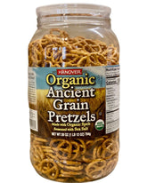 Hanover Organic ancient-grain spelt pretzels with sea salt, ideal for sharing.