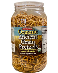 Hanover Organic ancient-grain spelt pretzels with sea salt, ideal for sharing.