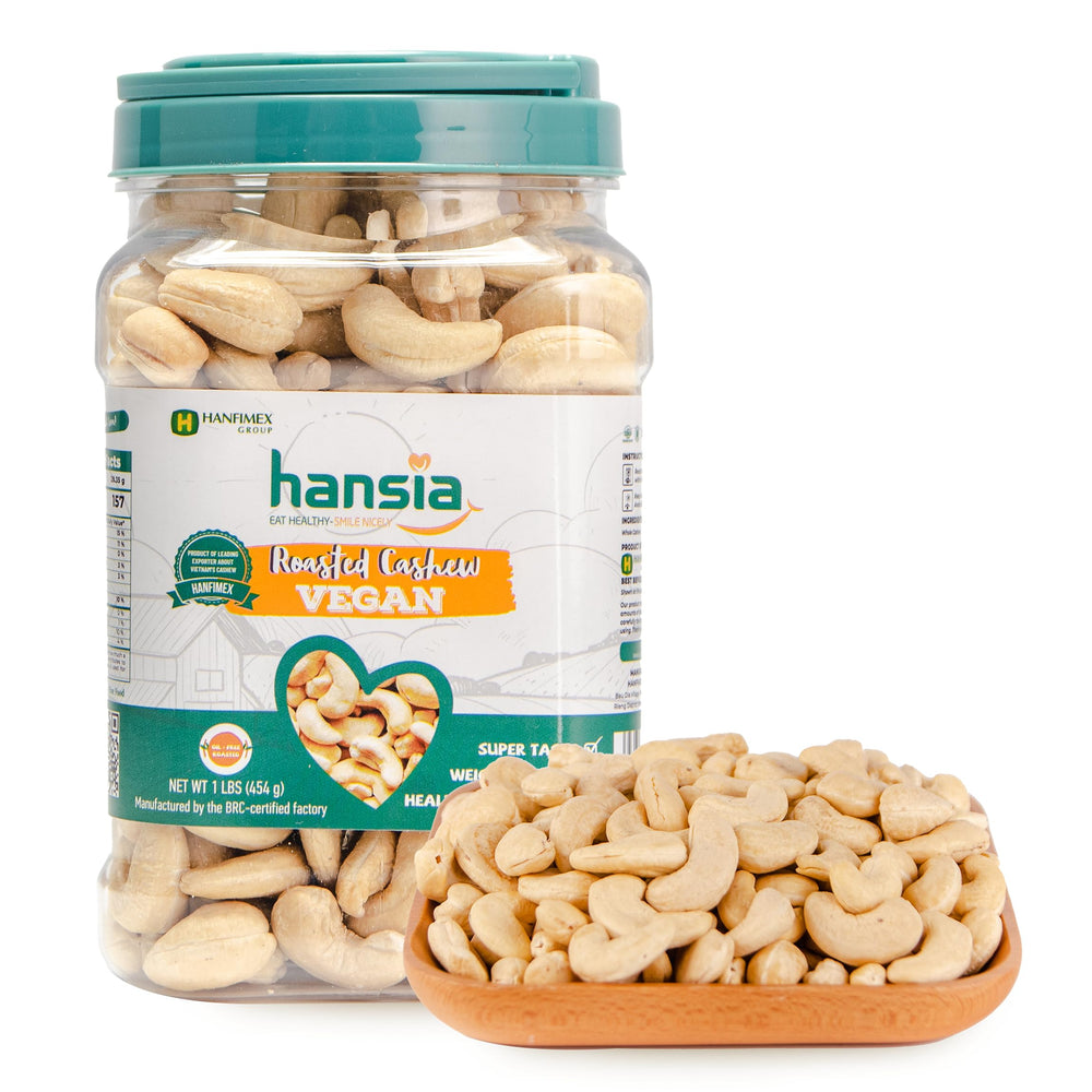Hansia roasted cashews pack show vegan, protein-rich snack