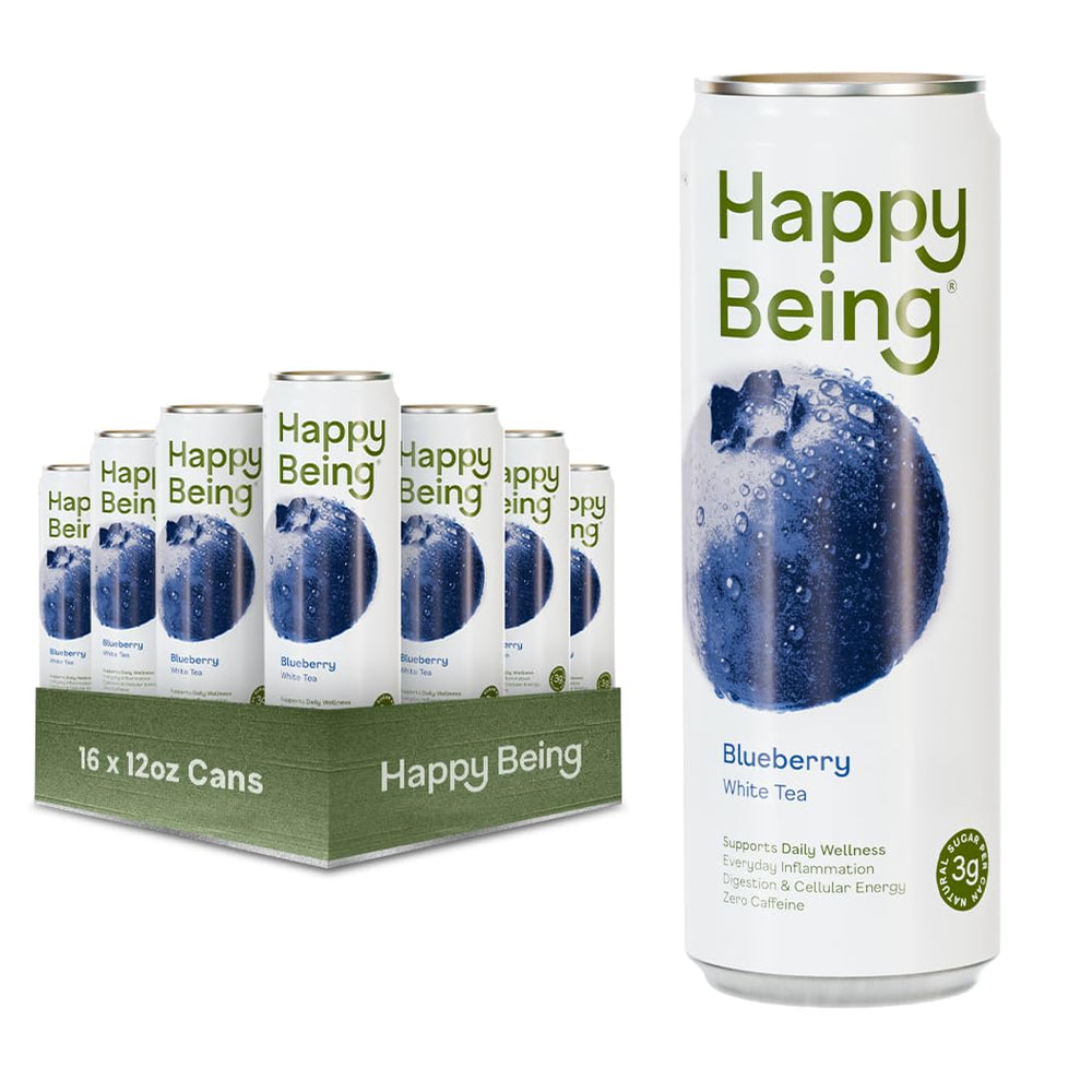Happy Being Blueberry White Tea bottle—refreshing caffeine-free hydration.