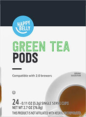 Happy Belly green tea pods show 1.0 and 2.0 brewer compatibility.