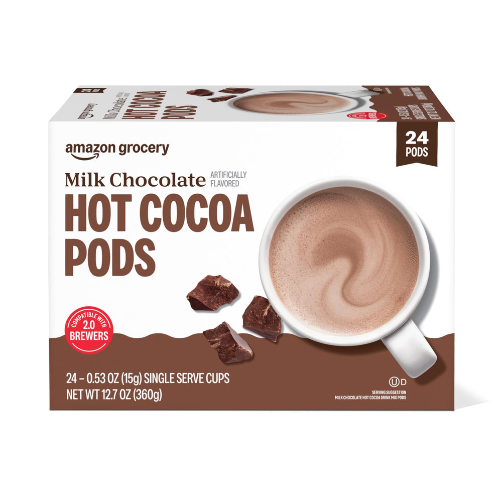 Happy Belly hot cocoa pods 24-count packaging for quick indulgence.