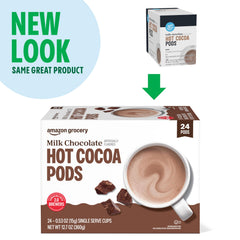 Happy Belly hot cocoa pods brewing into a steaming cup.