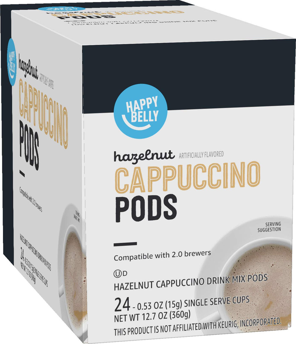 Happy Belly light roast hazelnut cappuccino pods brewing a creamy, aromatic cup at home