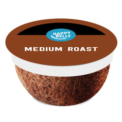 Happy Belly medium roast pods in a 96-count box, convenient for daily brewing.