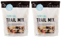 Happy Belly Tropical Trail Mix bag front shows resealable pouches for on-the-go snacking.