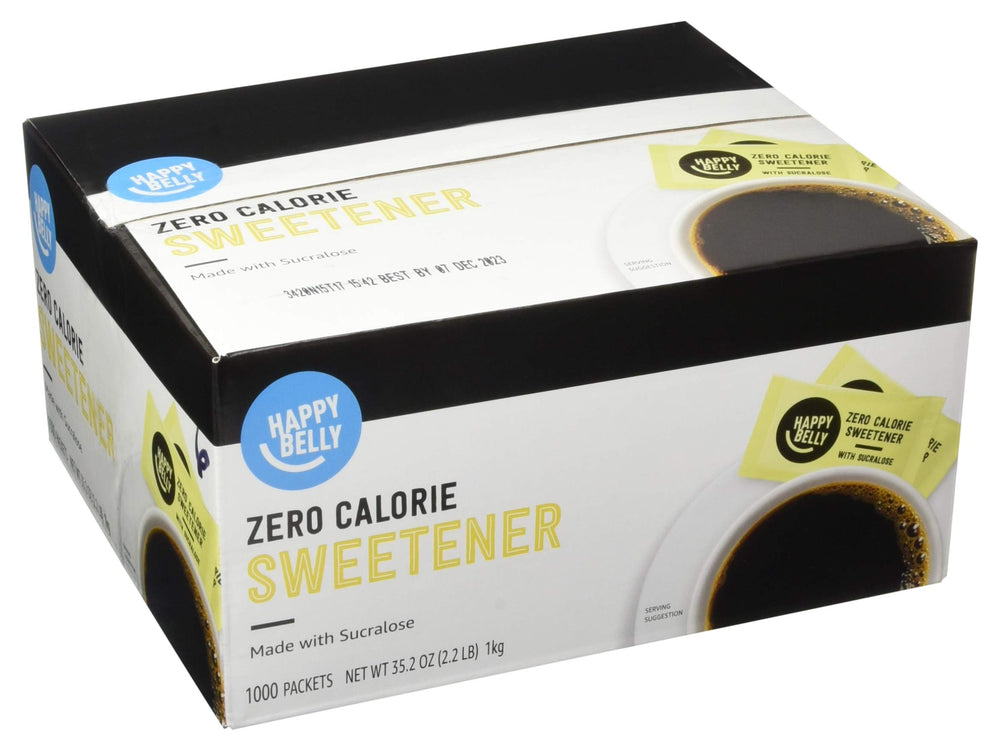 Happy Belly zero-calorie yellow packets box front for quick sweetness