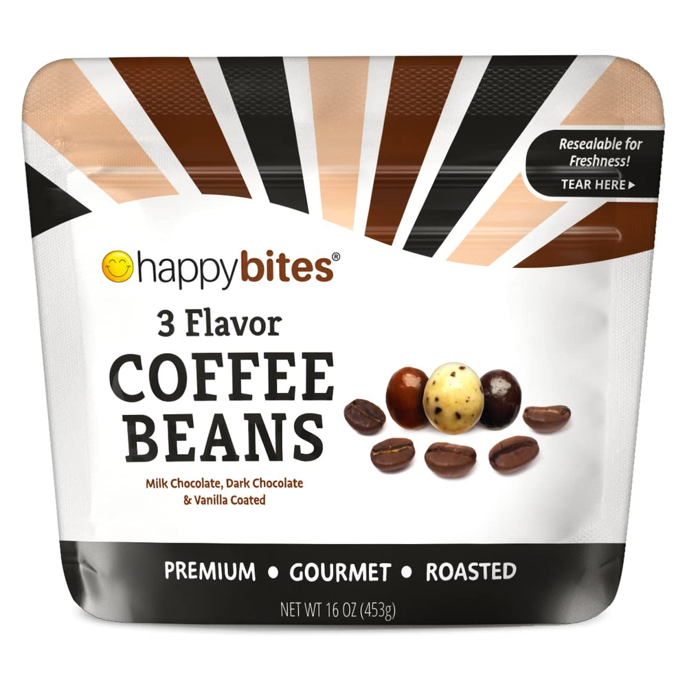 Happy Bites coffee beans with milk chocolate coating, smooth and energizing bite.