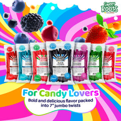 Happy Bites Sweet Roots licorice twists front view highlights jumbo chewy texture.