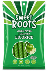 Happy Bites Sweet Roots green apple licorice twists in package, vegan and kosher snack option.