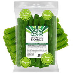 Happy Bites Sweet Roots green apple licorice twists in package, vegan and kosher snack option.