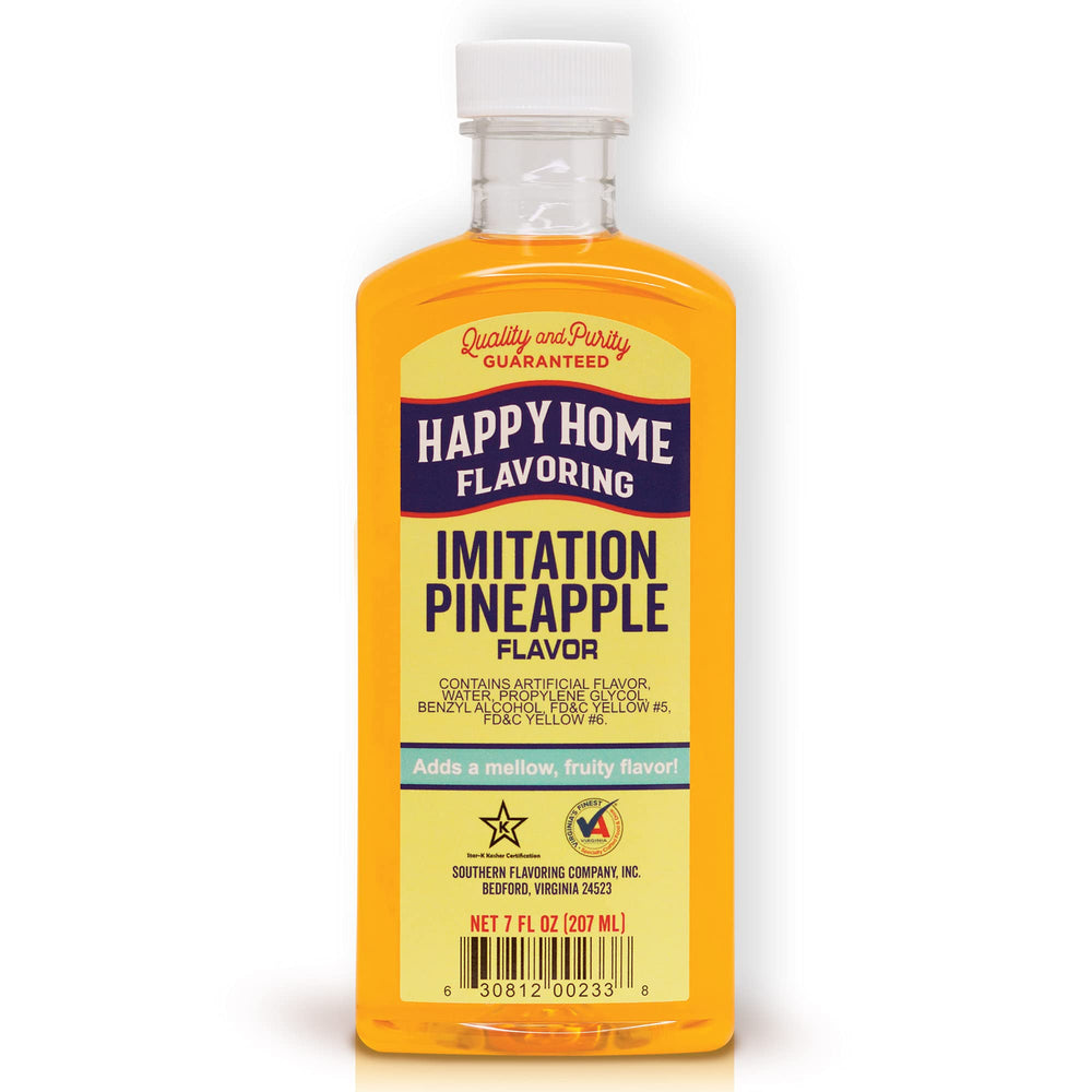 Happy Home imitation pineapple flavoring bottle closeup showing kosher certification for confident use.