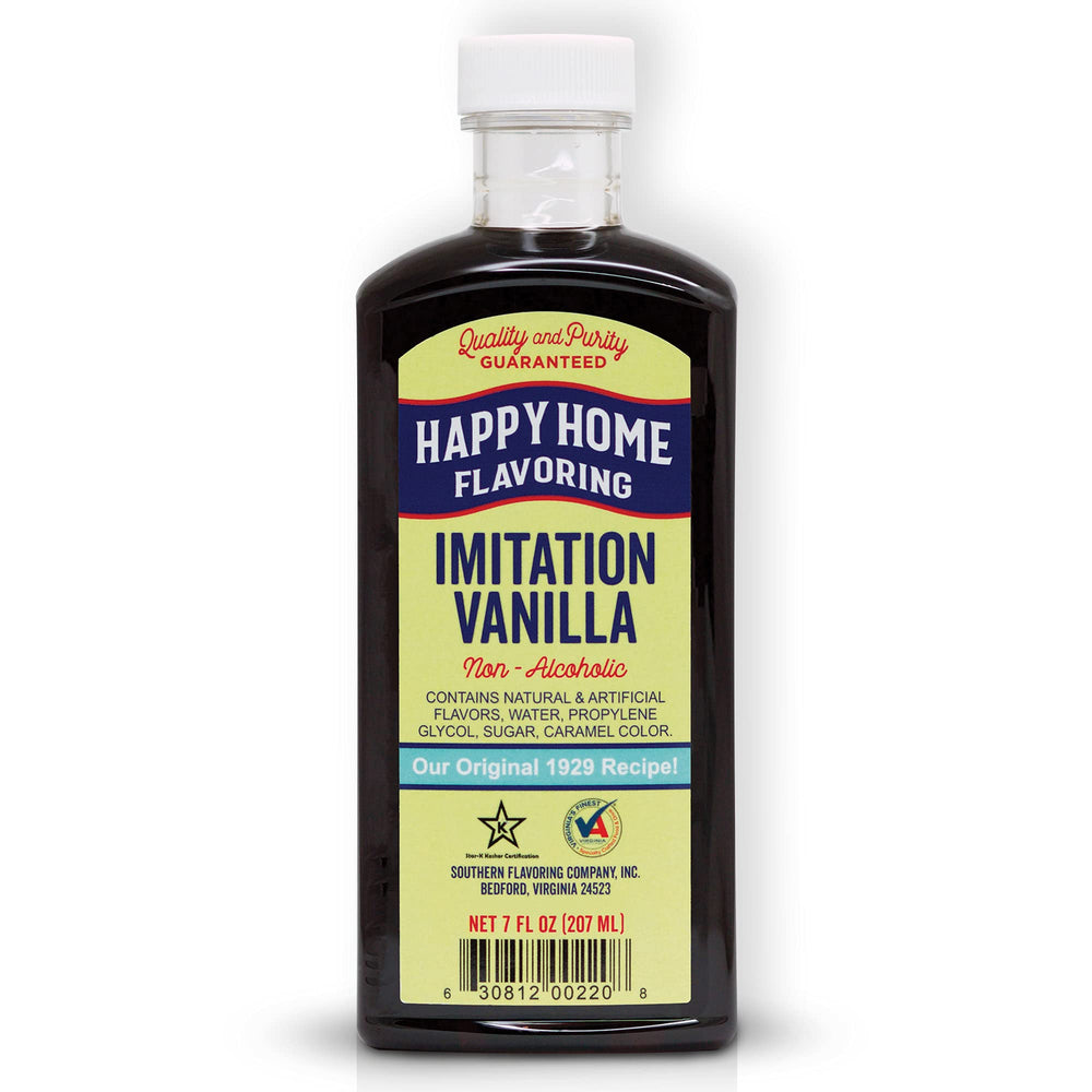 Happy Home imitation vanilla flavoring bottle for rich, alcohol-free vanilla in cakes and frostings.