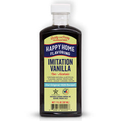 Happy Home imitation vanilla flavoring bottle for rich, alcohol-free vanilla in cakes and frostings.