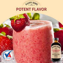 Happy Home Strawberry Flavor bottle being poured into a bowl for cake batter.