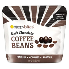 Happy Bites dark chocolate covered coffee beans bag front—energizing snack