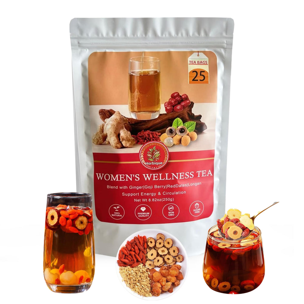 Harbique ginger-goji tea blend ready to brew for a warming, caffeine-free ritual.