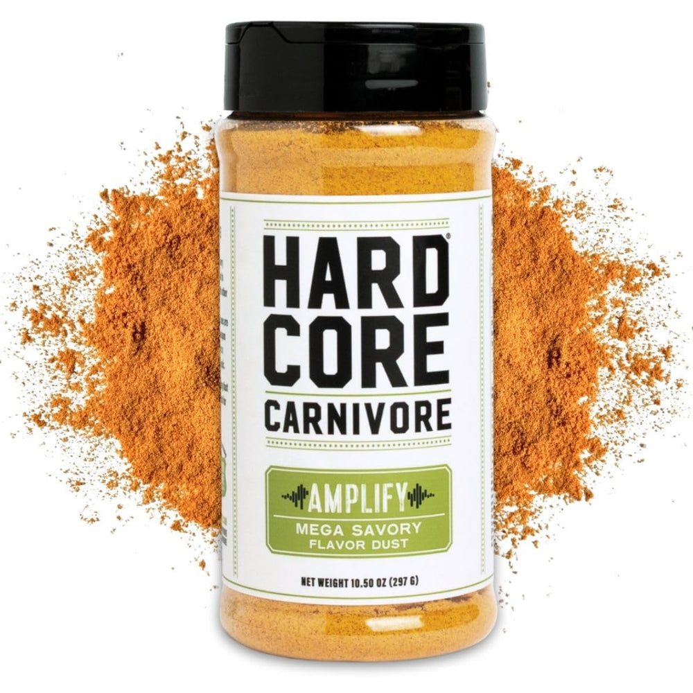 Hardcore Carnivore Amplify front label, a Texas-made umami seasoning for meats and veggies.