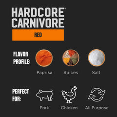 Hardcore Carnivore Red seasoning dust adds savory rub for pork ribs and chicken thighs.