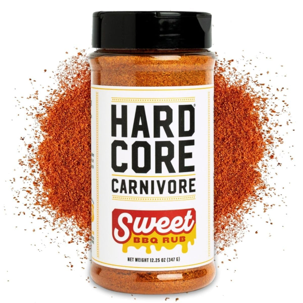 Hardcore Carnivore Sweet BBQ Seasoning shaker ready for backyard grilling