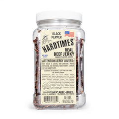 Hardtimes black pepper beef jerky jar label visible, ideal on-the-go protein