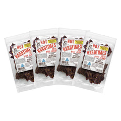 Hardtimes Hot Beef Jerky 4-pack box front, a convenient protein snack option.