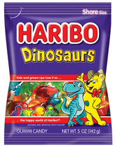 HARIBO Dinosaurs gummies on the bag front, a kid-friendly snack option.