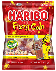 Haribo Fizzy Cola Gummi bottles close-up with tangy coating for a lively snack.