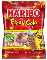 HARIBO Fizzy Cola gummy bottles seen from top view, ideal party snacks.