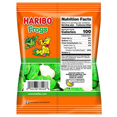 Haribo Frogs close-up: frog-shaped gummies with white bellies for fun snacking.