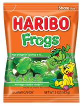 Haribo Frogs gummies in a green bag, ideal for sharing.