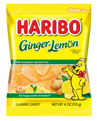 HARIBO Ginger-Lemon gummies in close-up pack shot showing soft texture for snacking.