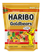 Haribo Goldbears 10oz bag showcasing assorted flavors for snacking and gifting.