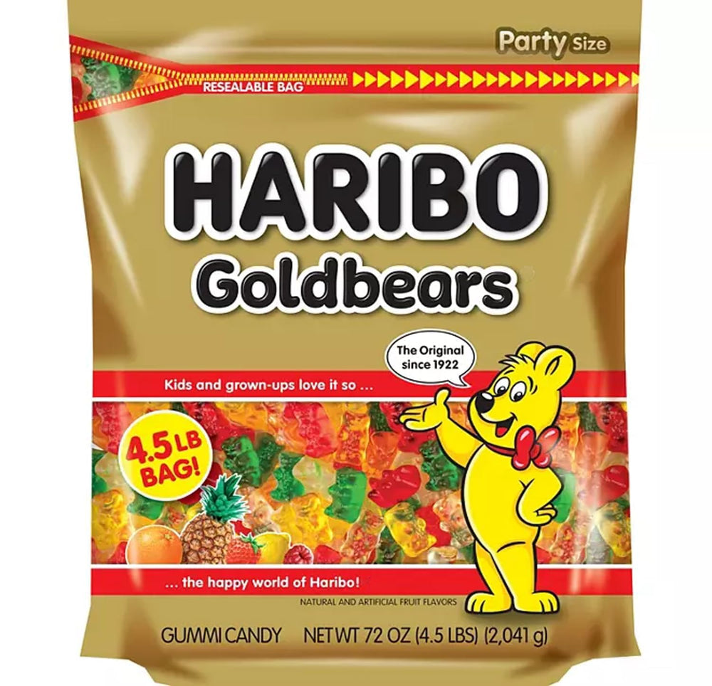 Haribo Goldbears original bears on packaging, resealable bag for easy sharing.