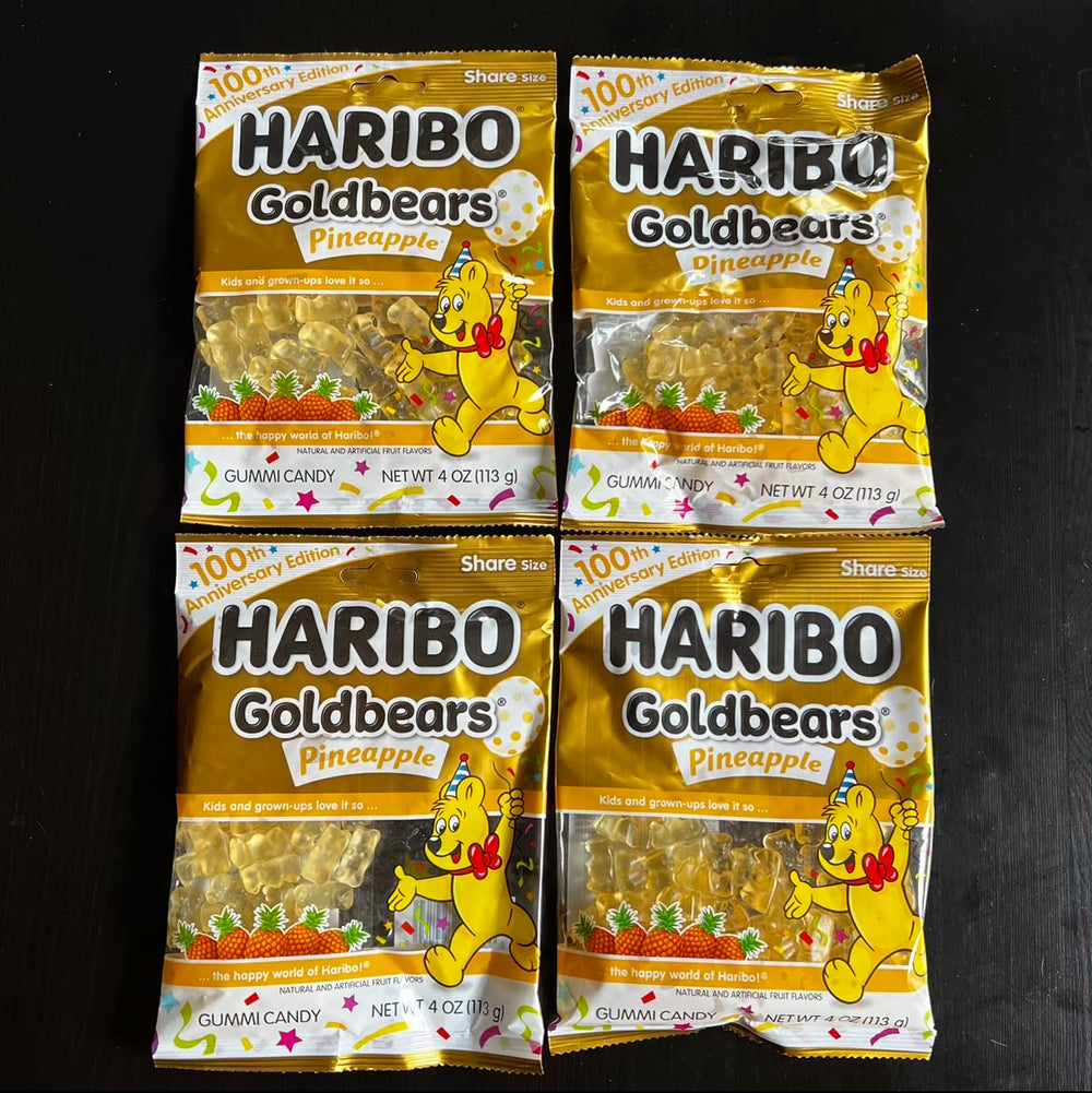 Haribo Goldbears pineapple gummy bears offer tropical flavor, ideal for snacking or party favors.