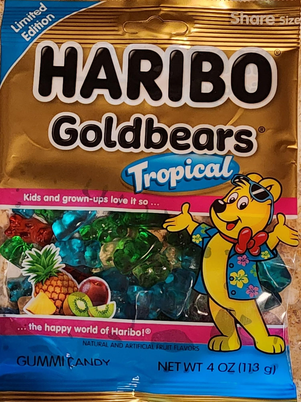 Haribo Goldbears Tropical Pineapple gummies for a refreshing beach snack