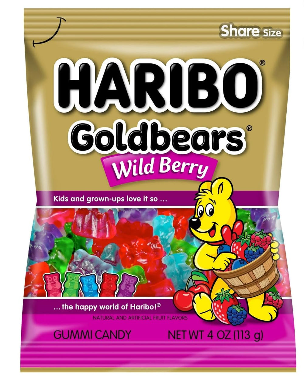 Haribo Goldbears Wild Berry bag with vibrant bears, perfect for berry-flavored snacking with friends.