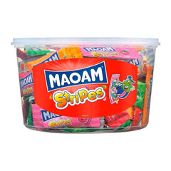 Haribo Maoam Stripes tub 700g; mixed fruit and cola chews for on-the-go snacking.