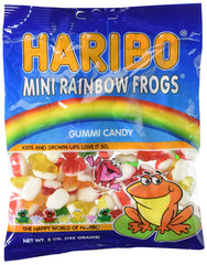 Haribo Mini Rainbow Frogs bag front view, ideal snack for kids and adults.