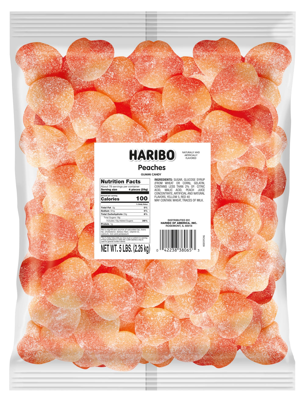Haribo Peaches gummy candy bag showing vibrant color, ideal for sharing