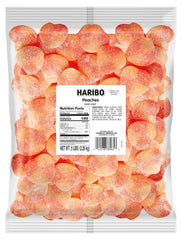 Haribo Peaches gummy candy bag showing vibrant color, ideal for sharing