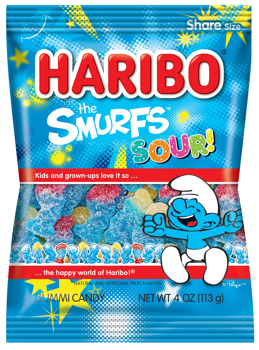 Haribo Sour Smurfs bag front shows colorful gummies for sharing and snacking.