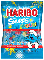 Haribo Sour Smurfs bag front shows colorful gummies for sharing and snacking.